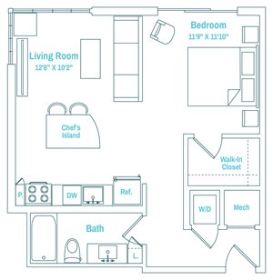 A floor plan of a apartment with a living room, bedroom, bathroom, and kitchen.